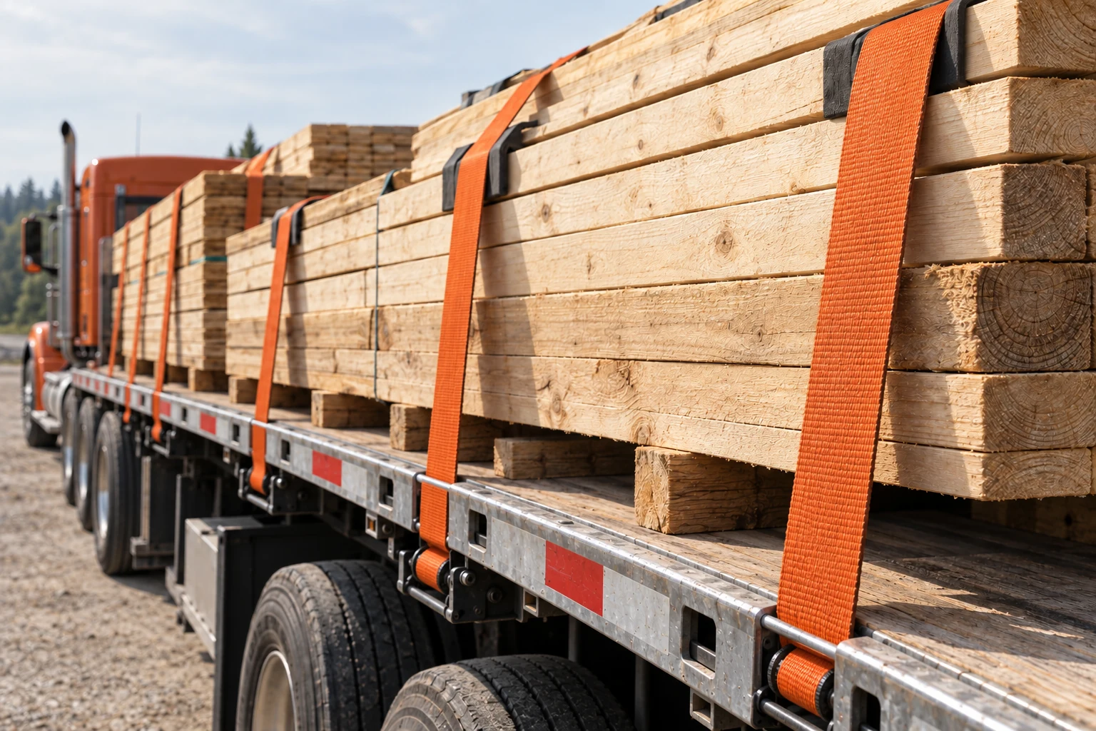Secured bundled cargo on an open flatbed trailer